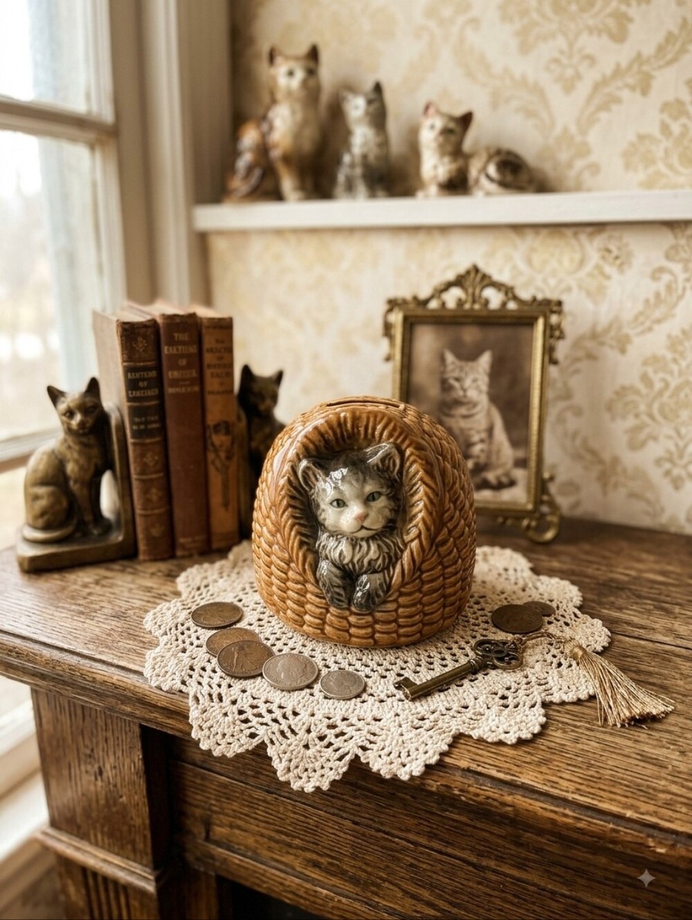 Vintage 1974 Goebel W. Germany Cat in Basket Ceramic Coin Bank